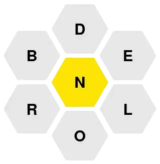 Snimka zaslona igre riječi Spelling Bee koja prikazuje šesterokutnu mrežu od 7 slova. Cilj je stvoriti riječi koristeći središnje slovo.